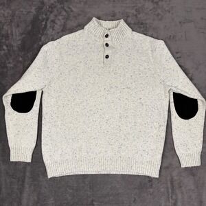Chaps Henley Sweater Men's XL Mock Neck Button Oatmeal Knit Elbow Patches